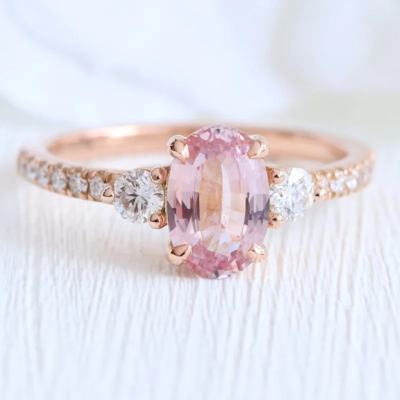 1.69 Ct Natural Padparadscha Sapphire Ring in 14k Rose Gold 3 Stone Diamond, Size 6.5