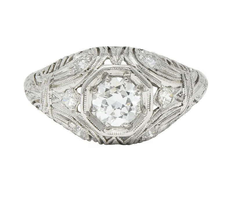 1928 Art Deco 0.56 CTW Old European Diamond Platinum Fleur-De-Lis Vintage Engagement Ring