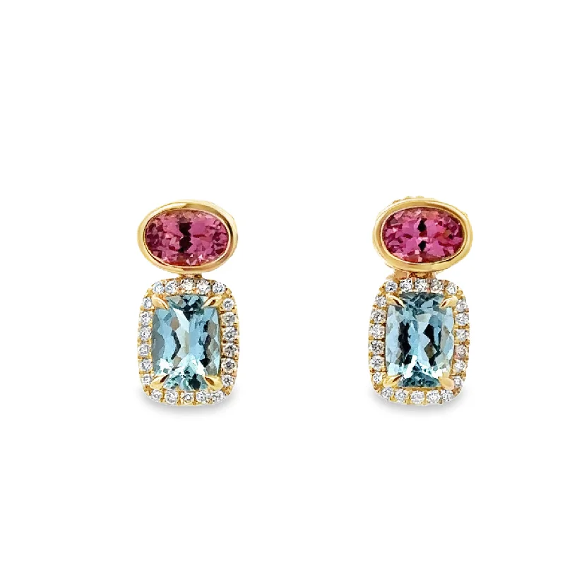 Jewelry Clearance Sale – Final Reductions Aquamarine, Pink Tourmaline, and Diamond Earrings in Yellow Gold