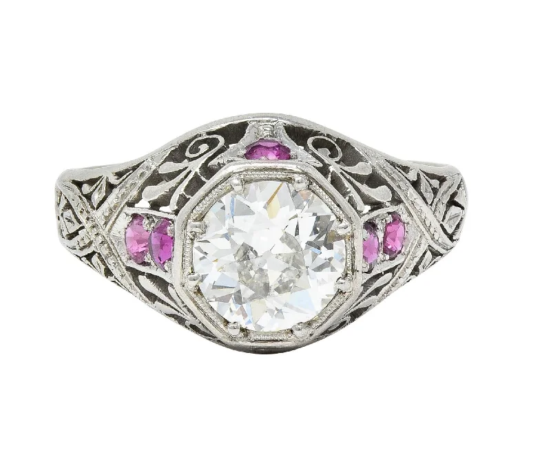 Versatile Layering Jewelry For Effortless Chic Art Deco 1.36 CTW Diamond Ruby Platinum Octagonal Vintage Engagement Ring Versatile Layering Jewelry For Effortless Chic Art Deco 1.36 CTW Diamond Ruby Platinum Octagonal Vintage Engagement Ring