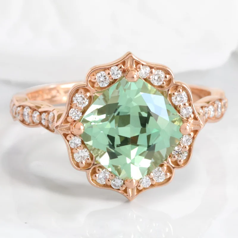 Huge Markdowns On Premium Jewelry Styles Large Cushion Green Sapphire Ring in Vintage Floral Diamond Band Huge Markdowns On Premium Jewelry Styles Large Cushion Green Sapphire Ring in Vintage Floral Diamond Band