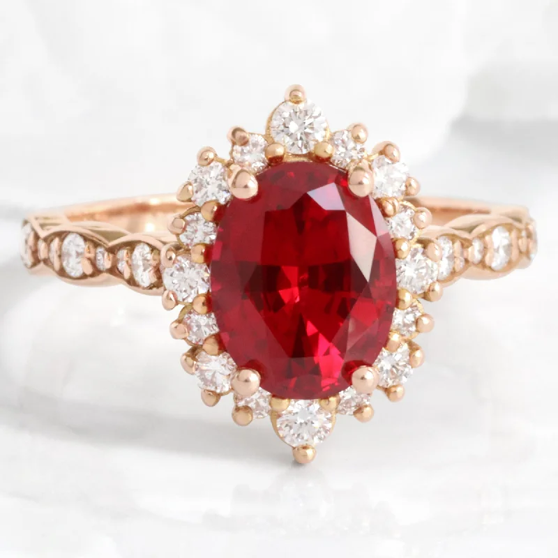 Limited-Time Offer On Elegant Jewelry Pieces Large Oval Ruby Engagement Ring in Tiara Halo Diamond Scalloped Band Limited-Time Offer On Elegant Jewelry Pieces Large Oval Ruby Engagement Ring in Tiara Halo Diamond Scalloped Band