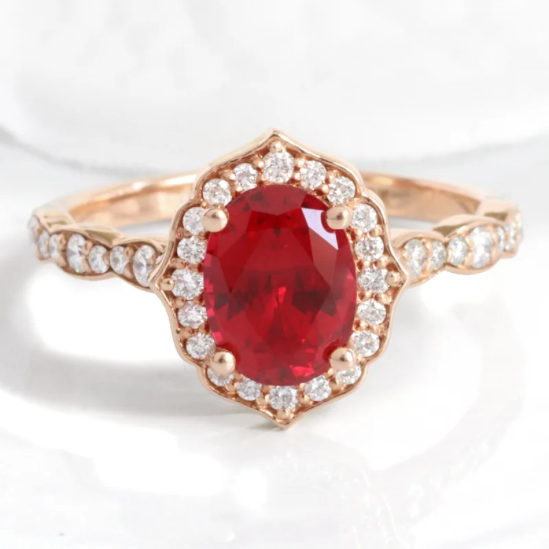 Flash Sale On Exquisite Jewelry – Don't Miss Out Oval Ruby Diamond Ring in Vintage Floral Scalloped Band Flash Sale On Exquisite Jewelry – Don't Miss Out Oval Ruby Diamond Ring in Vintage Floral Scalloped Band