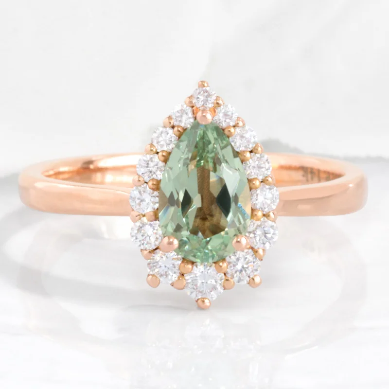 Shop Elegant Jewelry At Unbeatable Prices Pear Seafoam Green Sapphire Ring in Tiara Halo Diamond Tapered Band Shop Elegant Jewelry At Unbeatable Prices Pear Seafoam Green Sapphire Ring in Tiara Halo Diamond Tapered Band