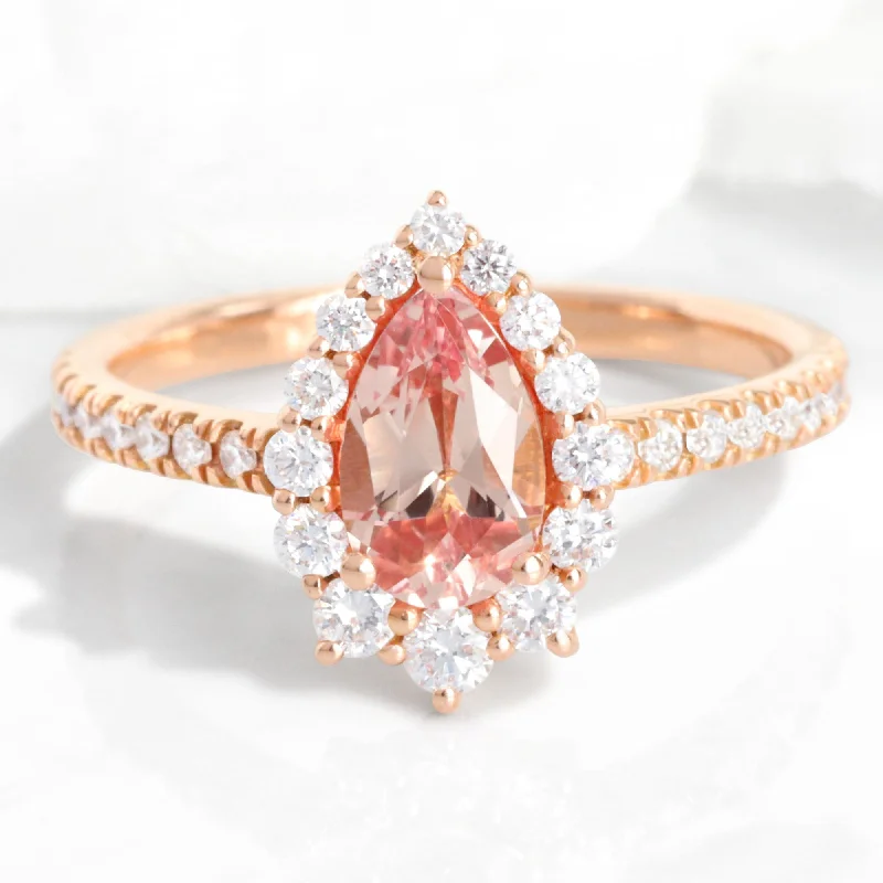 Pear Champagne Peach Sapphire Ring in Tiara Halo Diamond Pave Band