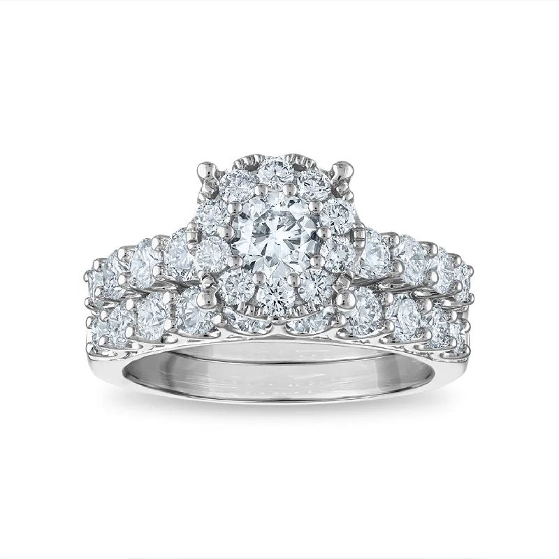Limited-Stock Jewelry Sale – Once It's Gone, It's Gone Signature EcoLove 2-1/4 CTW Lab Grown Diamond Halo Bridal Set Ring in 14KT White Gold Limited-Stock Jewelry Sale – Once It's Gone, It's Gone Signature EcoLove 2-1/4 CTW Lab Grown Diamond Halo Bridal Set Ring in 14KT White Gold