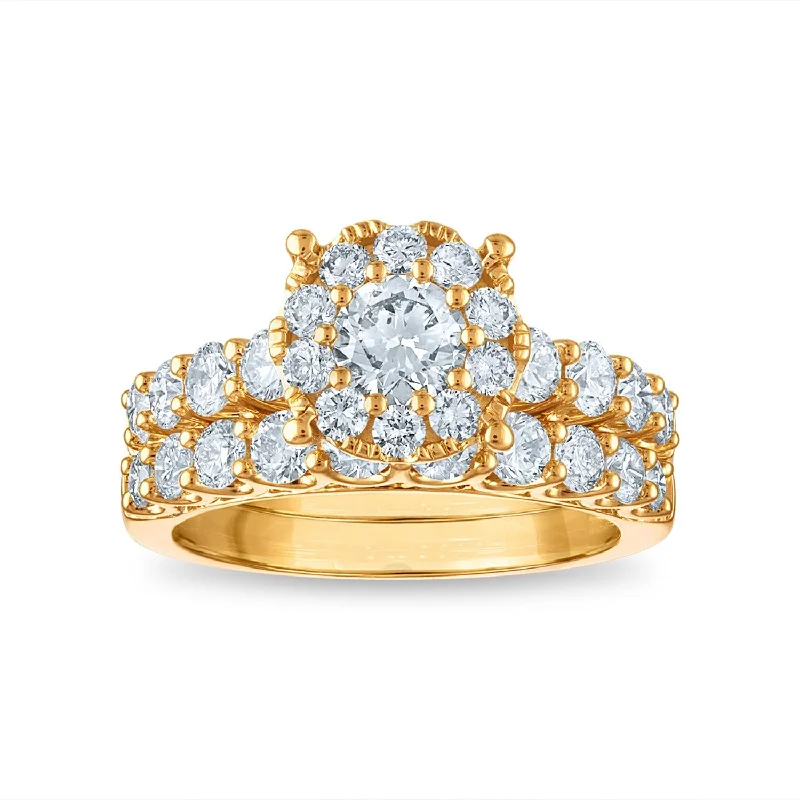 Grab Your Favorite Jewelry At The Lowest Prices Signature EcoLove 2-1/4 CTW Lab Grown Diamond Halo Bridal Set Ring in 14KT Yellow Gold Grab Your Favorite Jewelry At The Lowest Prices Signature EcoLove 2-1/4 CTW Lab Grown Diamond Halo Bridal Set Ring in 14KT Yellow Gold