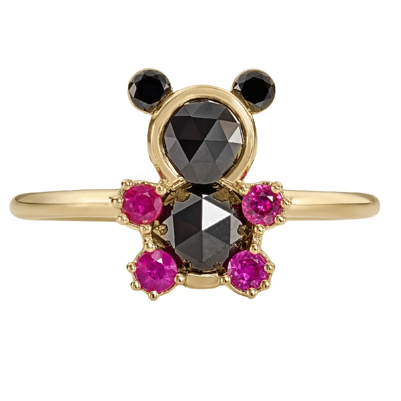 Teddy Bear Black Rose Cut Diamond & Ruby Ring