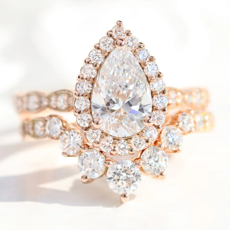 2.37 Ct Pear Diamond Halo Ring Set w/ Lab Diamond and Large 7 Stone Scalloped Band