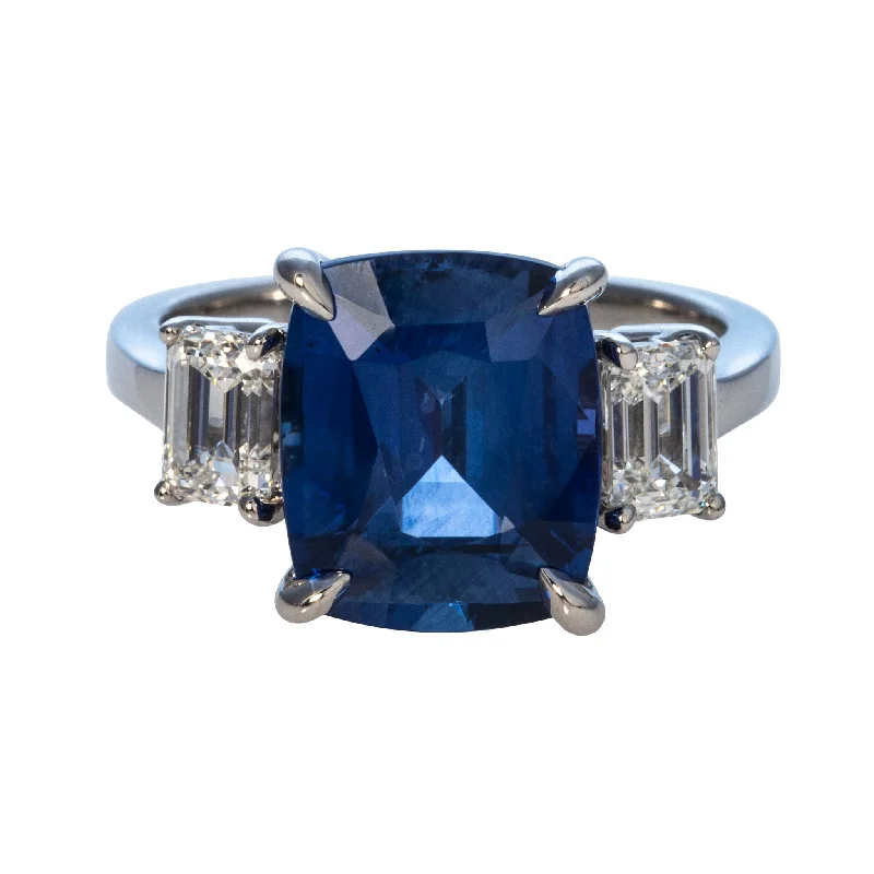 Celebrate With Sparkle – Jewelry Sale Now Live 6.26ct Cushion Sapphire & Diamond Three-Stone Platinum Ring