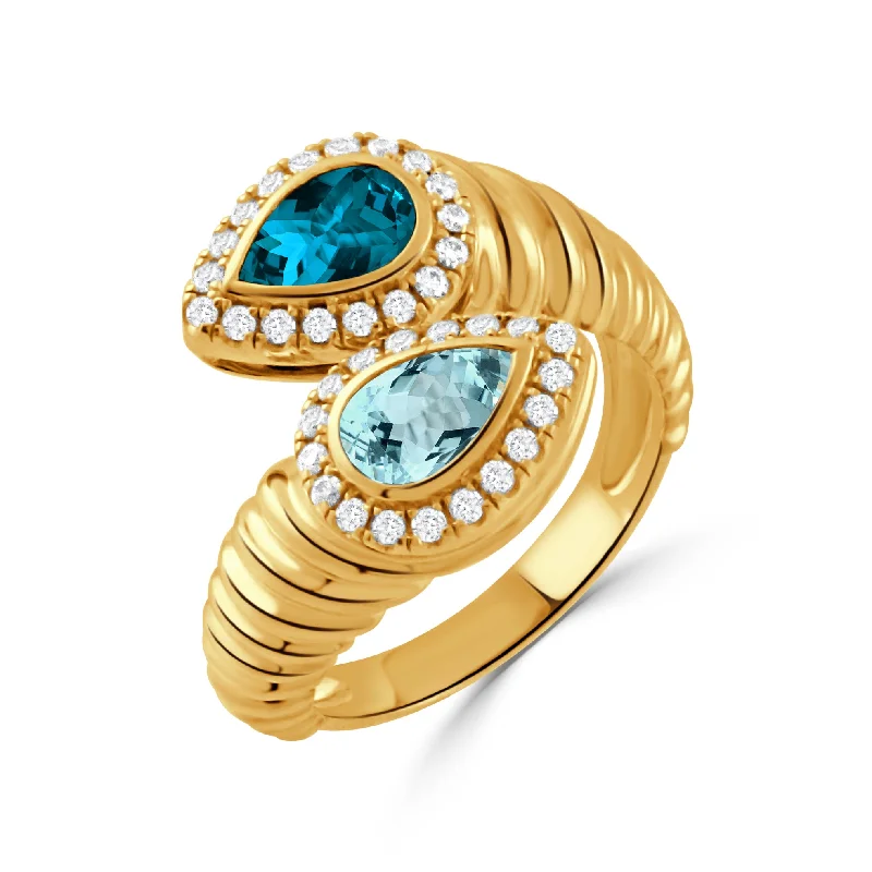 Stunning Jewelry At A Fraction Of The Price Blue Topaz & Diamond 18K Gold Ribbed Bypass Ring