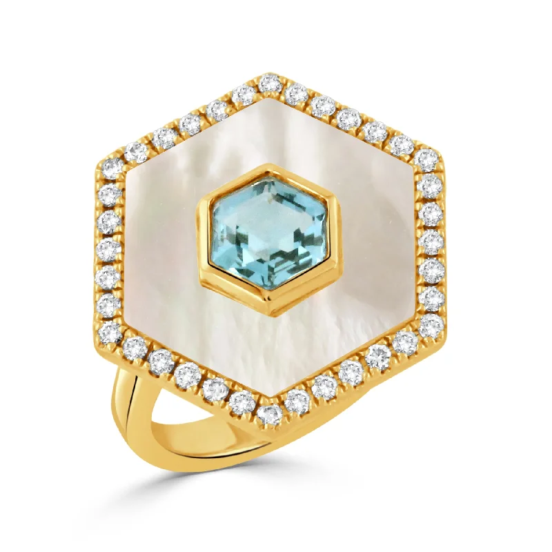 Exclusive Online Discounts On Stylish Jewelry Blue Topaz, Mother of Pearl & Diamond Hexagon 18K Gold Ring Exclusive Online Discounts On Stylish Jewelry Blue Topaz, Mother of Pearl & Diamond Hexagon 18K Gold Ring