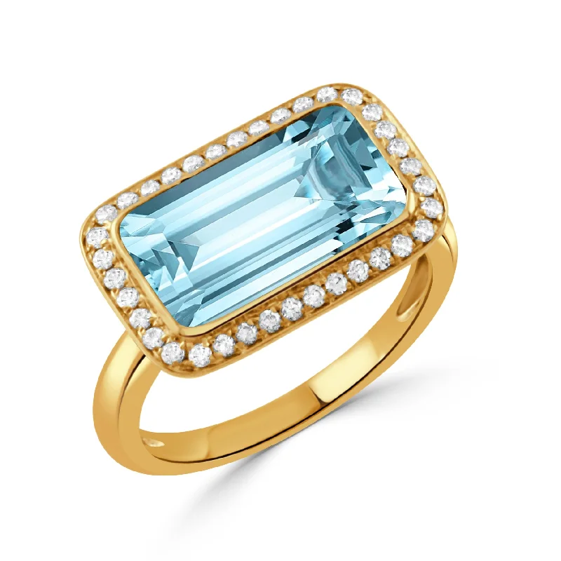 Affordable Luxury Jewelry For Every Occasion Emerald-Cut Blue Topaz & Pavé Diamond Halo 18K Yellow Gold Ring