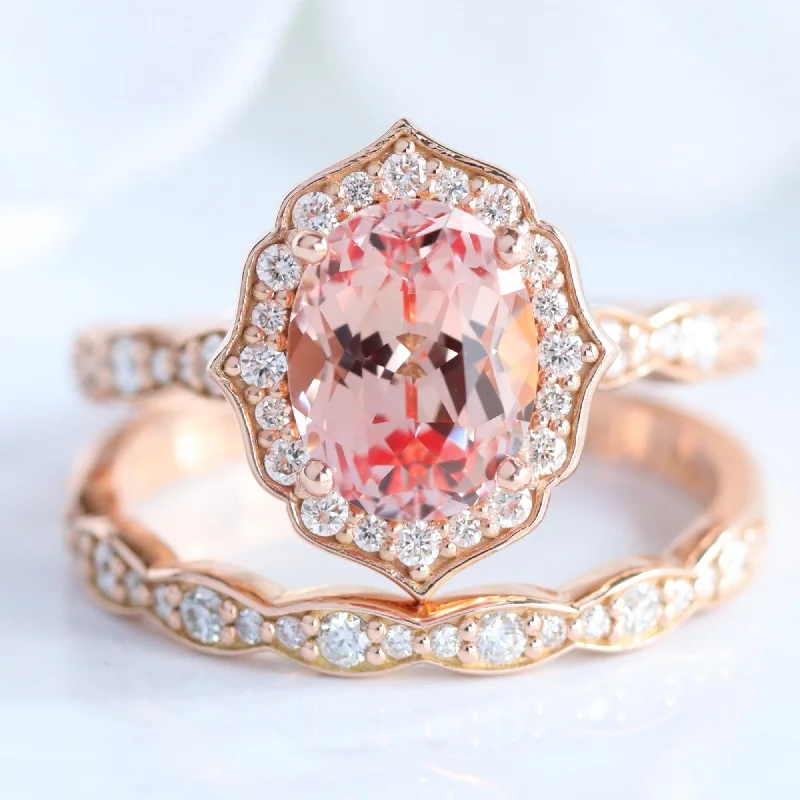 Large Vintage Floral Oval Ring Set w/ Champagne Peach Sapphire and Diamond