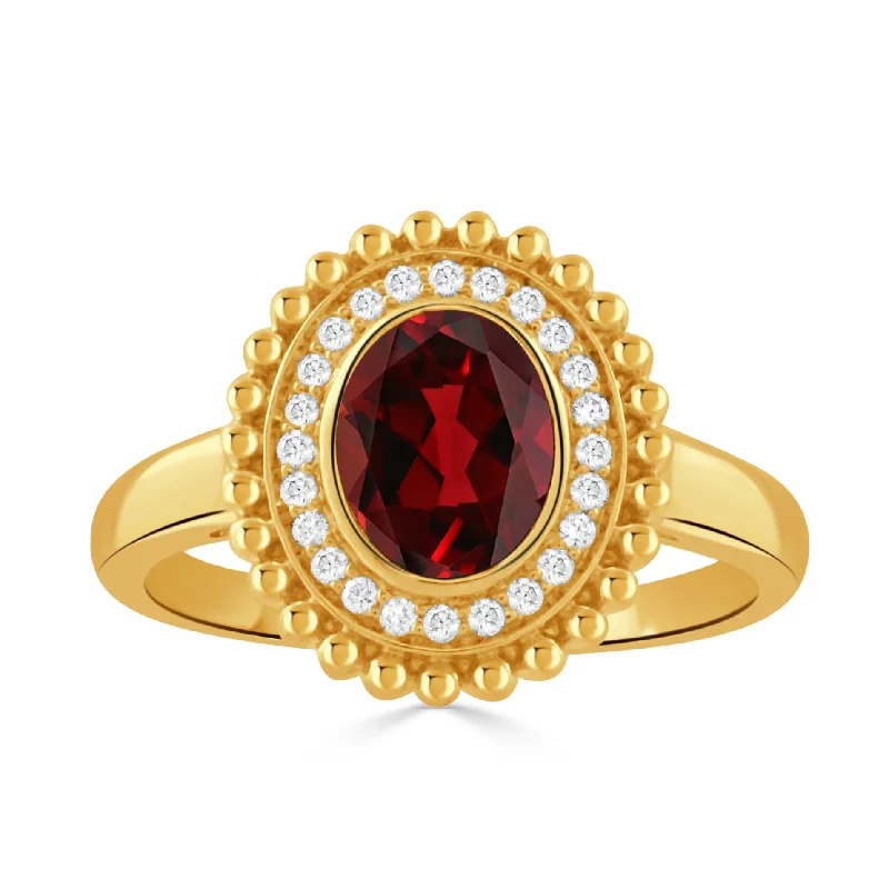Affordable Glamour – Premium Jewelry At Special Prices Oval Garnet & Diamond 18K Yellow Gold Beaded Ring