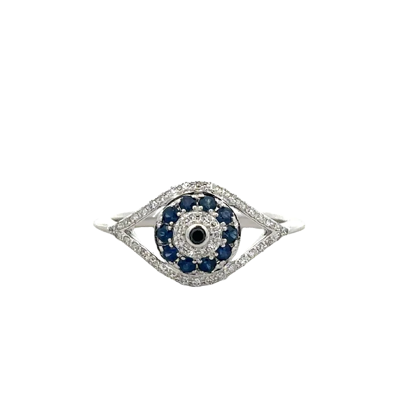 Chic, Trendy, And Affordable Jewelry Sale Sapphire and Diamond Openwork Navette Shape Ring in White Gold