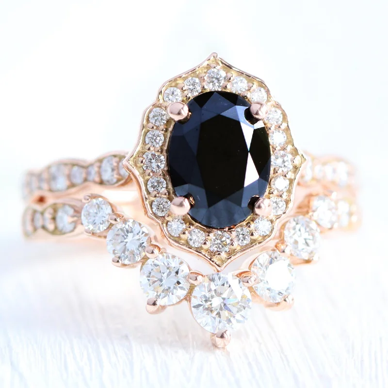 Vintage Floral Black Diamond Ring Set w/ Large 7 Diamond Curved Scalloped Band