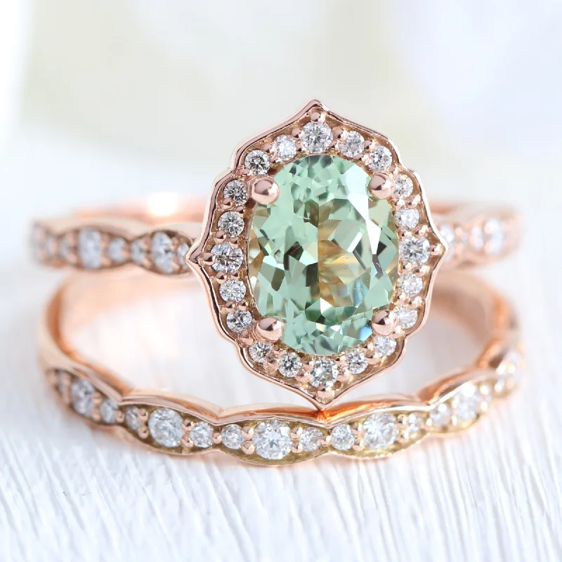 Vintage Floral Oval Ring Bridal Set w/ Sea Foam Green Sapphire and Diamond