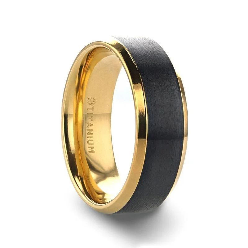 Gorgeous Jewelry, Limited-Time Savings BEAUMONT Gold Plated Titanium Polished Beveled Ring with Brushed Black Center - 8mm Gorgeous Jewelry, Limited-Time Savings BEAUMONT Gold Plated Titanium Polished Beveled Ring with Brushed Black Center - 8mm