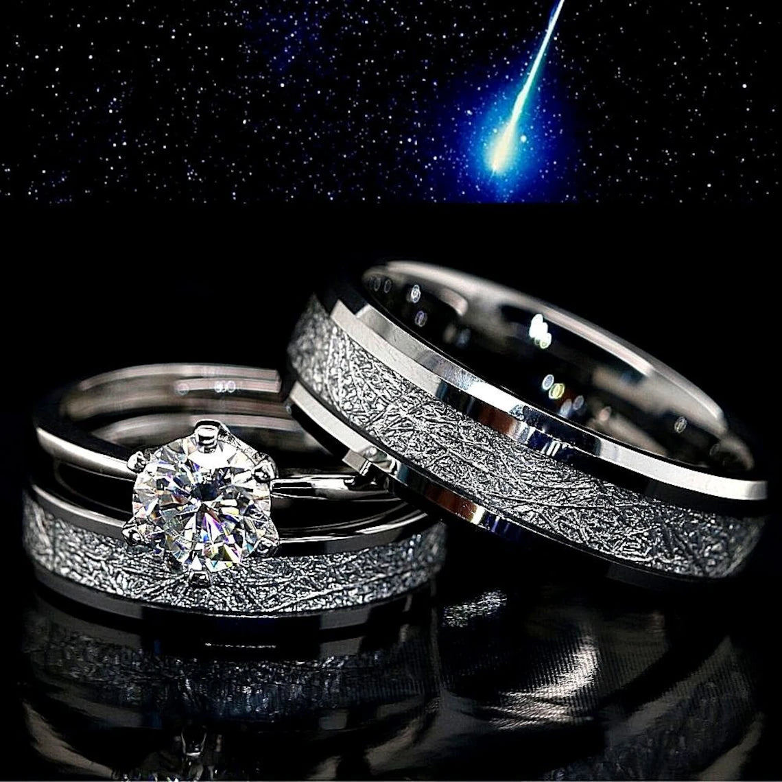 The Perfect Jewelry Piece At The Perfect Price Celestial Eternity Set | 3PCs Couple Ring Set | Stainless Steel Engagement Ring with Moissanite for Her | Natural Meteorite Wedding Bands for Him and Her The Perfect Jewelry Piece At The Perfect Price Celestial Eternity Set | 3PCs Couple Ring Set | Stainless Steel Engagement Ring with Moissanite for Her | Natural Meteorite Wedding Bands for Him and Her