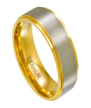 Exclusive Gemstone Jewelry At Special Prices Titanium Wedding Ring for Men, Gold Tone Step Down Edges | 8mm Exclusive Gemstone Jewelry At Special Prices Titanium Wedding Ring for Men, Gold Tone Step Down Edges | 8mm