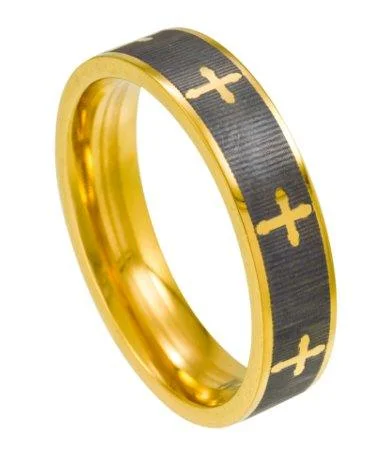 Titanium and Gold Plated Men's Cross Ring with Polished Edges| 6mm