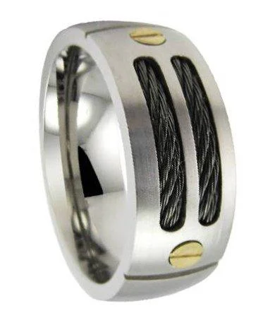 The Biggest Jewelry Sale Of The Year Is Here Mens Titanium Black Cable Ring with Satin Finish and 18K Gold Screws| 9mm The Biggest Jewelry Sale Of The Year Is Here Mens Titanium Black Cable Ring with Satin Finish and 18K Gold Screws| 9mm