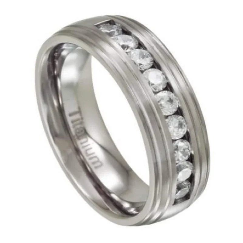 Elegant Jewelry Pieces At Unbelievable Prices Men's Titanium Wedding Band with 9 Channel Set CZs | 8mm