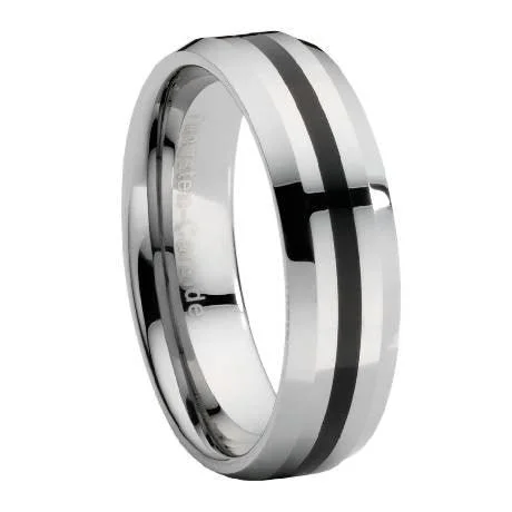 Beveled Edge Tungsten Ring with Black Enamel Stripe -8mm