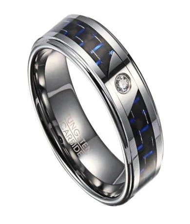 Affordable Luxury Jewelry For Every Occasion Tungsten Men's Ring with Black and Blue Carbon Fiber and CZ | 8mm