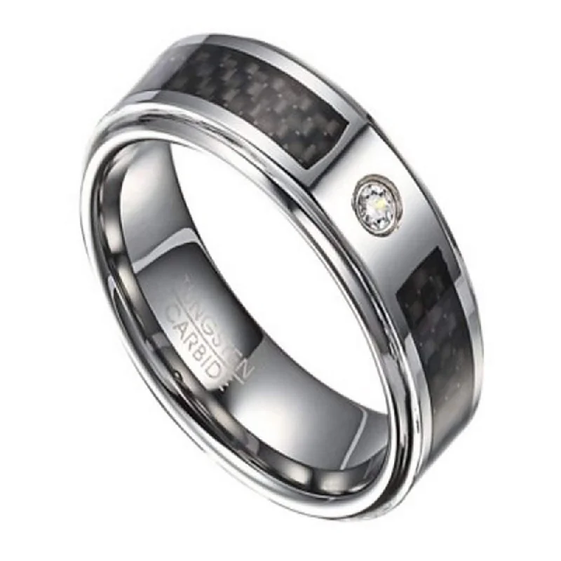 Shop Dazzling Jewelry At The Best Prices Tungsten and CZ Ring for Men with Black Carbon Fiber Inlay | 8mm