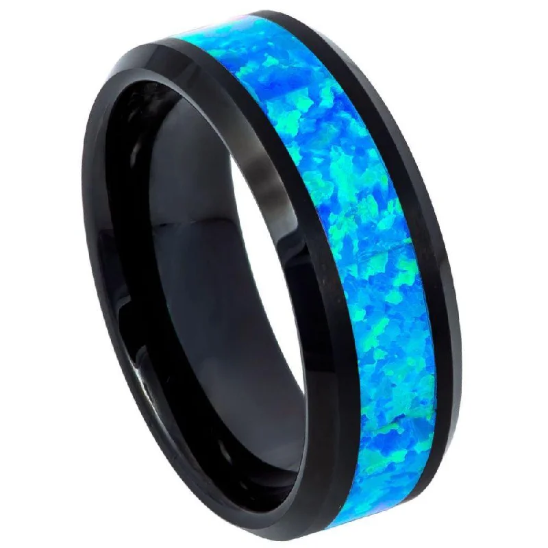Luxury Jewelry At Unbeatable Discounts Men's Black IP with Synthetic Opal Inlay with Beveled Edges l  8mm