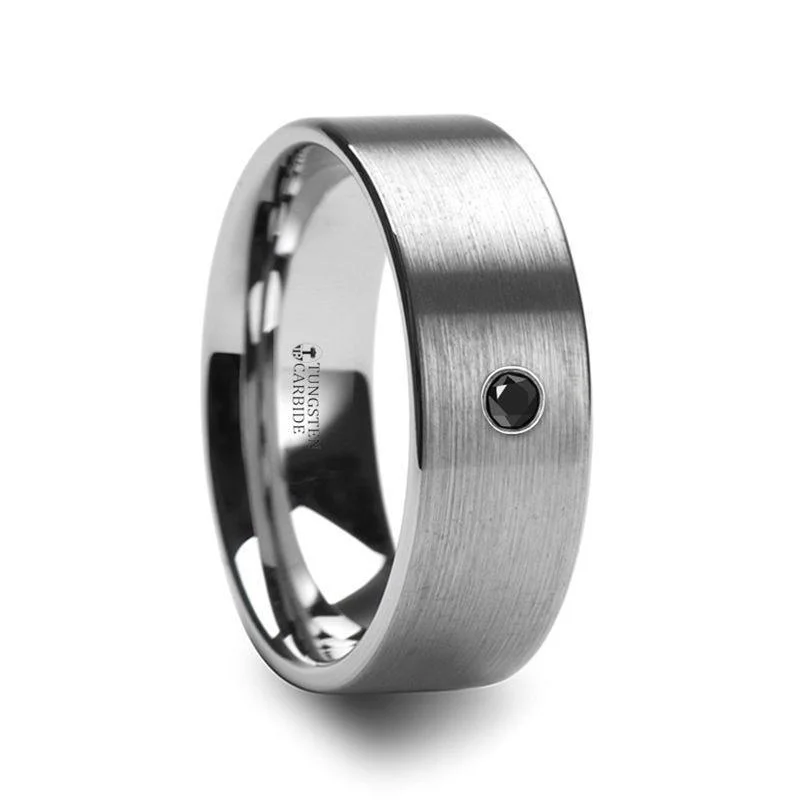 Huge Markdowns On Premium Jewelry Styles IRENAEUS Flat Brushed Tungsten Mens Ring with Black Diamond - 8mm Huge Markdowns On Premium Jewelry Styles IRENAEUS Flat Brushed Tungsten Mens Ring with Black Diamond - 8mm