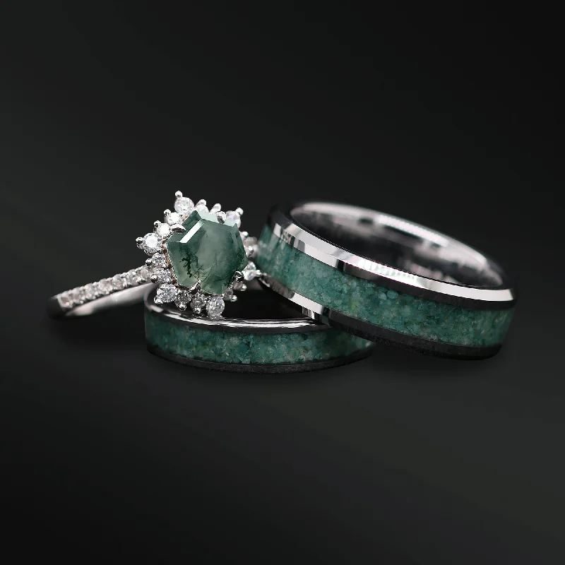 Shop Fine Jewelry With Exclusive Savings Moss Agate 3PCS His and Hers Wedding Engagement Ring Set | Sterling Silver Moss Agate Engagement Ring for Her | Tungsten Wedding Bands for Him & Her | Moss Agate Inlay Shop Fine Jewelry With Exclusive Savings Moss Agate 3PCS His and Hers Wedding Engagement Ring Set | Sterling Silver Moss Agate Engagement Ring for Her | Tungsten Wedding Bands for Him & Her | Moss Agate Inlay