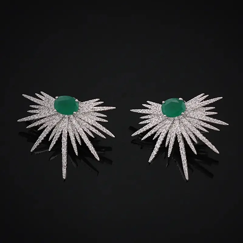 Silver Color Big Plant Luxury Stud Earrings with Bling Zircon Stone for Women Fashion Jewelry Korean Earrings