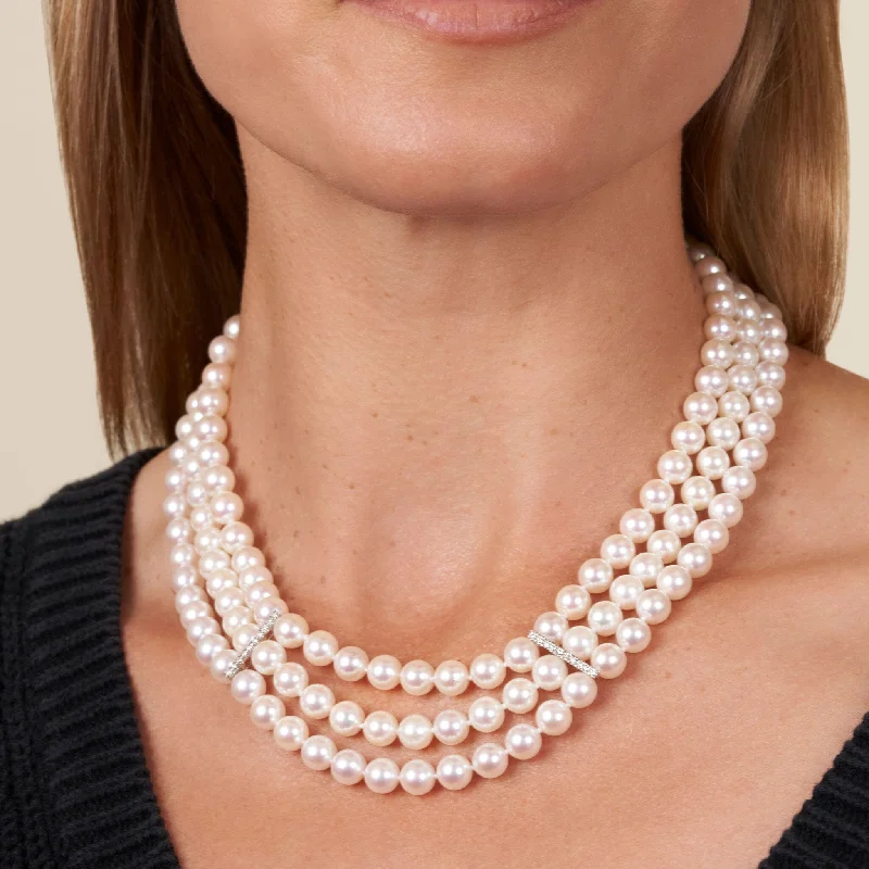 Affordable Luxury Jewelry For Every Occasion 7.0-7.5 mm Triple Strand White Akoya AAA Pearl and Diamond Necklace