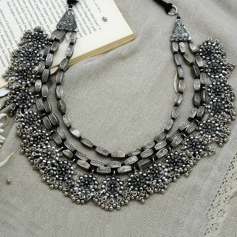 Elevate Your Outfit With Discounted Statement Jewelry Arunima Floral Silver Oxidized Long Layered Necklace Elevate Your Outfit With Discounted Statement Jewelry Arunima Floral Silver Oxidized Long Layered Necklace