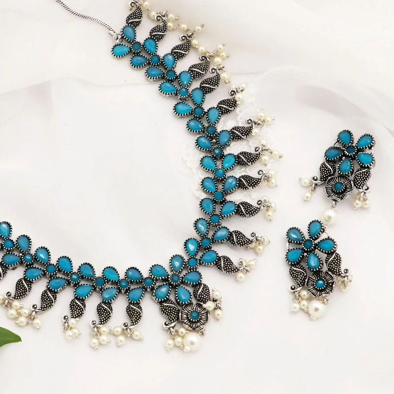 Handmade Pearl Jewelry For Timeless Elegance Niranjana Light Blue Stone Silver Oxidized Necklace Set