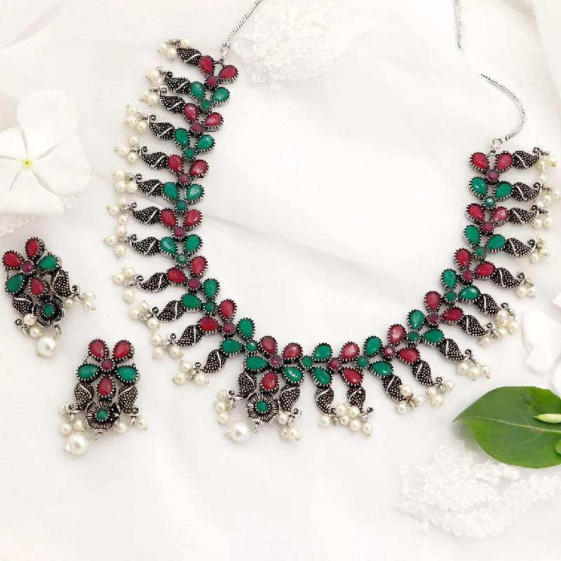 Grab Exquisite Jewelry At The Lowest Prices Niranjana Multi colored Silver Oxidized Necklace Set Grab Exquisite Jewelry At The Lowest Prices Niranjana Multi colored Silver Oxidized Necklace Set