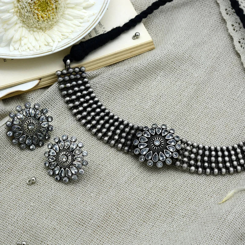 Breathtaking Jewelry, Breathtaking Prices Sasha White Circular Silver Oxidized Necklace Set Breathtaking Jewelry, Breathtaking Prices Sasha White Circular Silver Oxidized Necklace Set