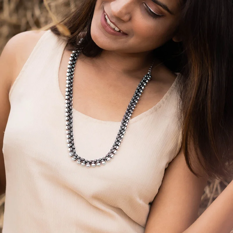 Dainty Floral Jewelry For Feminine Elegance Teejh Anwita Long Silver Oxidised Necklace