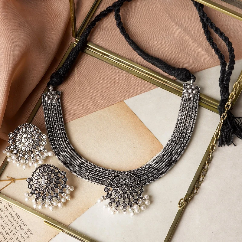 Dainty Floral Jewelry For Feminine Elegance Teejh Laasya Silver Oxidised Necklace Set Dainty Floral Jewelry For Feminine Elegance Teejh Laasya Silver Oxidised Necklace Set