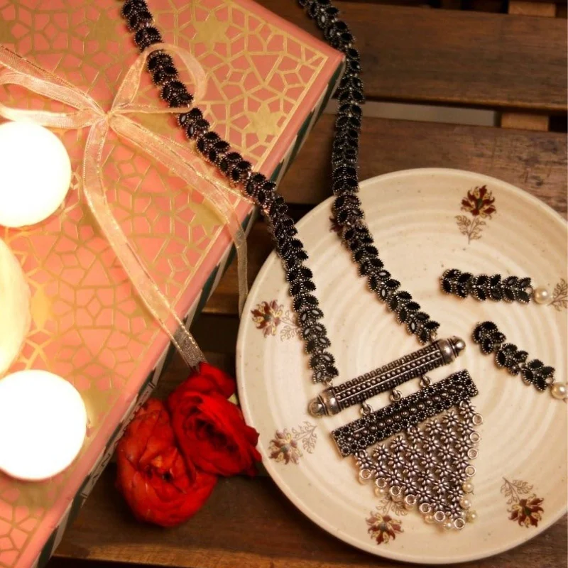 Luxury Jewelry Sale – Elegant Styles At Unbeatable Prices Teejh Niti Black Stone Silver Oxidized Long Necklace Set Luxury Jewelry Sale – Elegant Styles At Unbeatable Prices Teejh Niti Black Stone Silver Oxidized Long Necklace Set
