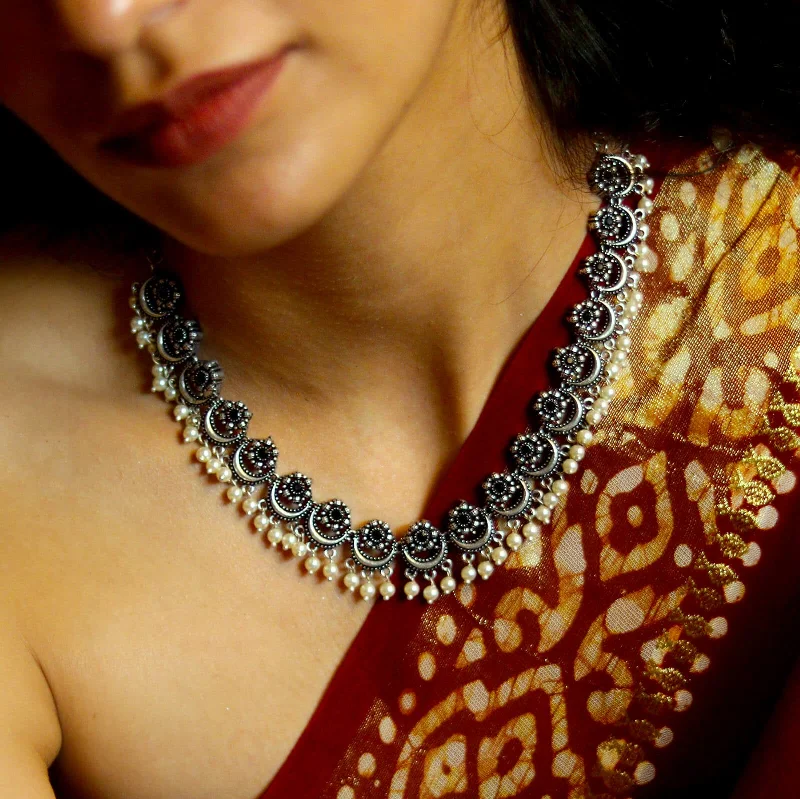 Shop Stylish Jewelry Now And Save Big Teejh Rupa Black Stone Silver Oxidized Floral Necklace Set