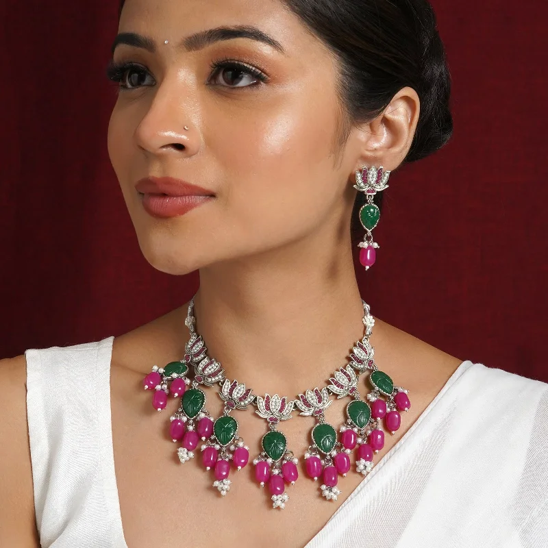 Affordable Elegance – Special Jewelry Sale Now Live Teejh Sadhani Silver Oxidised Pink And Green Necklace Set