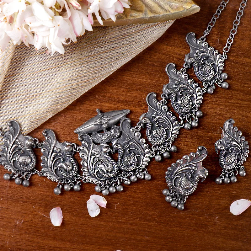Luxury Jewelry Clearance – Shop Premium Styles Now Teejh Suhani Peacock Silver Oxidised Necklace Set
