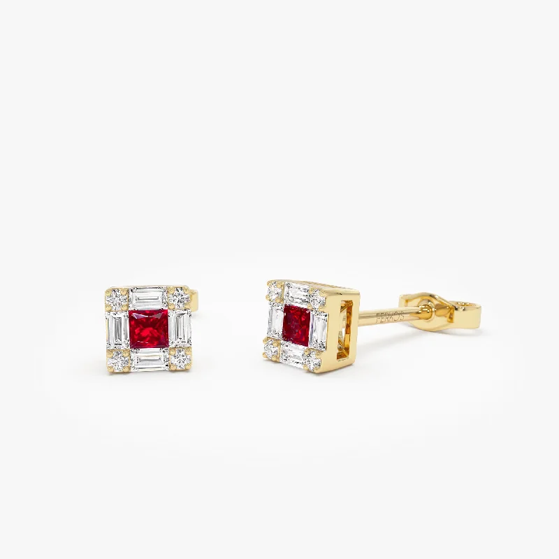 Unmissable Discounts On Timeless Jewelry Pieces 14K Princess-Cut Ruby Stud Earrings with Diamond Halo