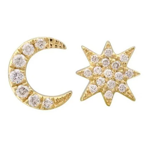 Dazzle In Elegance With Our Biggest Jewelry Sale 14K Yellow Gold Diamond Moon and Sun Stud Earrings