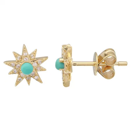 Timeless Jewelry Styles At Wallet-Friendly Prices 14K Yellow Stud Earrings With Turquoise and Diamonds