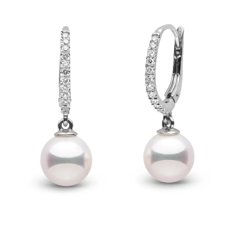 Delicate Crystal Jewelry For Sophisticated Charm Eternal Collection 8.0-8.5 mm White Hanadama Pearl and Diamond Dangle Earrings
